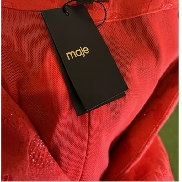 NWT Maje Roleo Pleated Metallic Jacquard Dress Red Size 1 - Picture 5 of 8